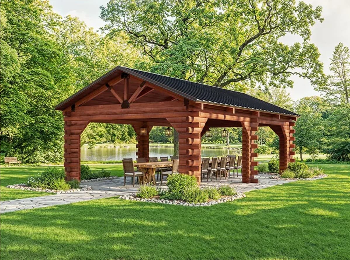 Cedar Ridge Pavilion, an open log pavilion with covered seating beside a lake