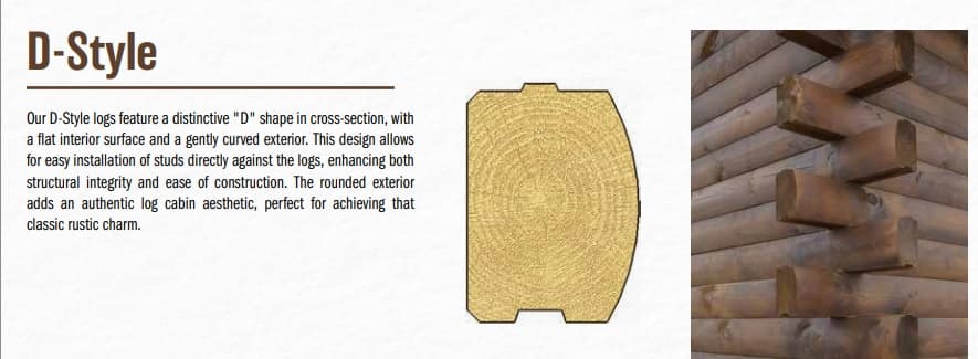D-style log profile cross-section and corner joint construction detail