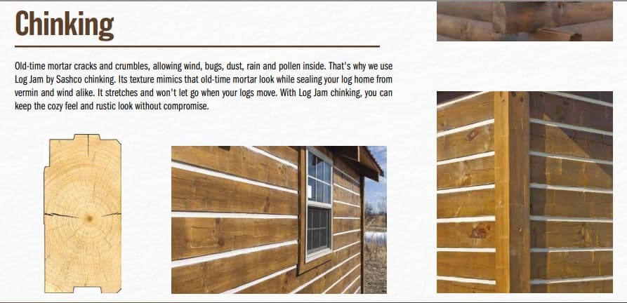 Log home chinking and sealant application showing white chinking between horizontal logs